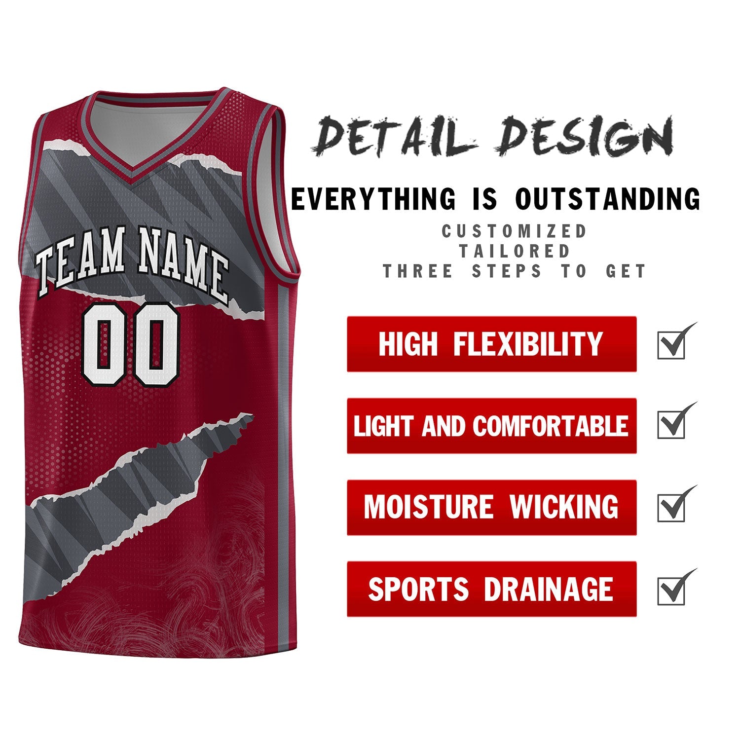 Custom Crimson Gray-Dark Gray Tear Graffiti Pattern Sports Uniform Basketball Jersey