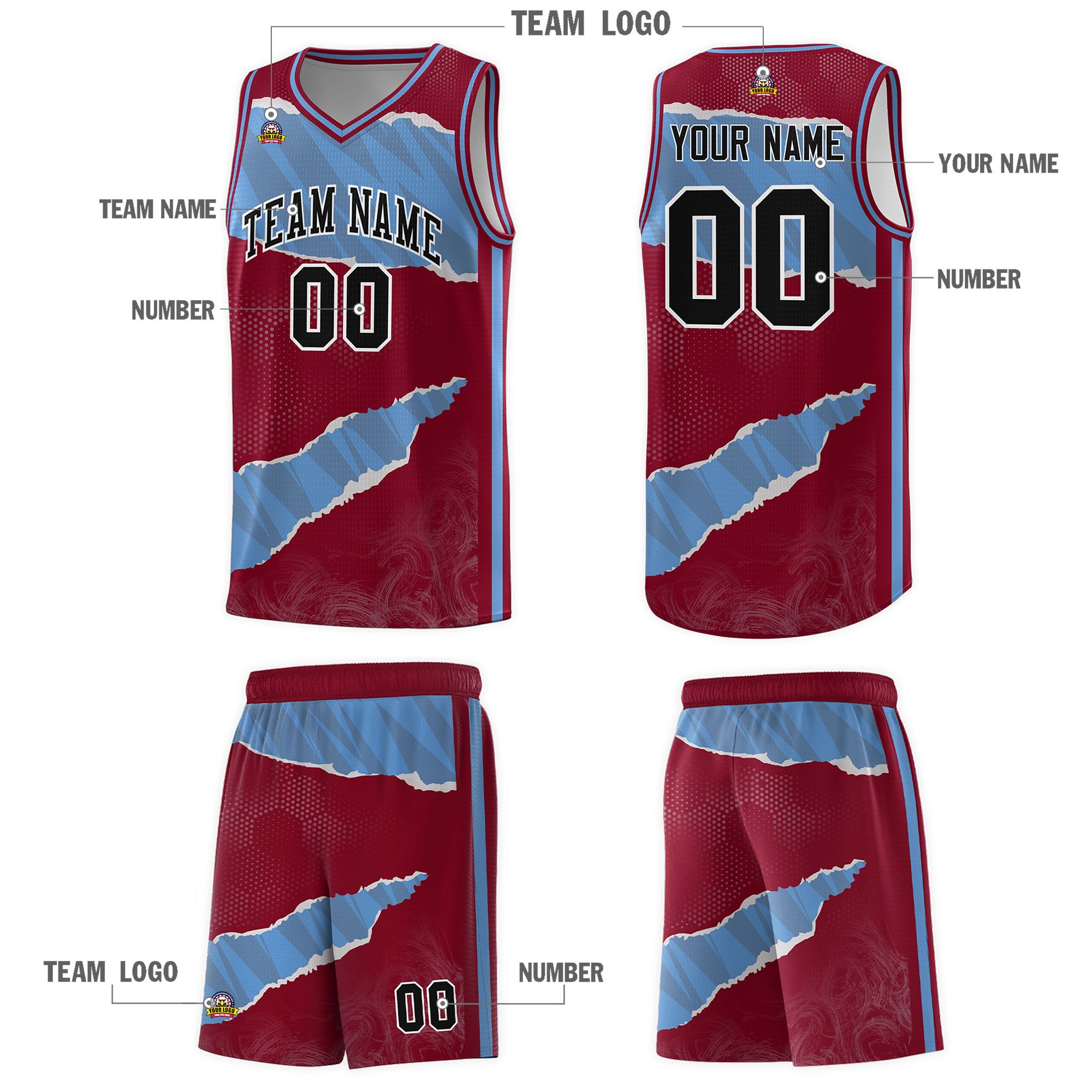 Custom Crimson Light Blue-Crimson Tear Graffiti Pattern Sports Uniform Basketball Jersey