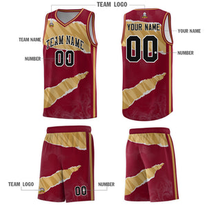 Custom Crimson Old Gold-Old Gold Tear Graffiti Pattern Sports Uniform Basketball Jersey