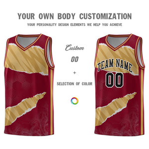 Custom Crimson Old Gold-Old Gold Tear Graffiti Pattern Sports Uniform Basketball Jersey