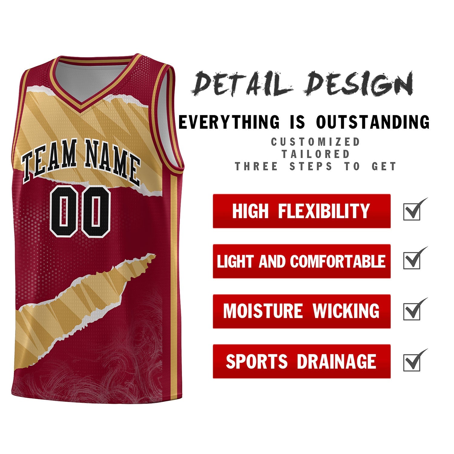 Custom Crimson Old Gold-Old Gold Tear Graffiti Pattern Sports Uniform Basketball Jersey