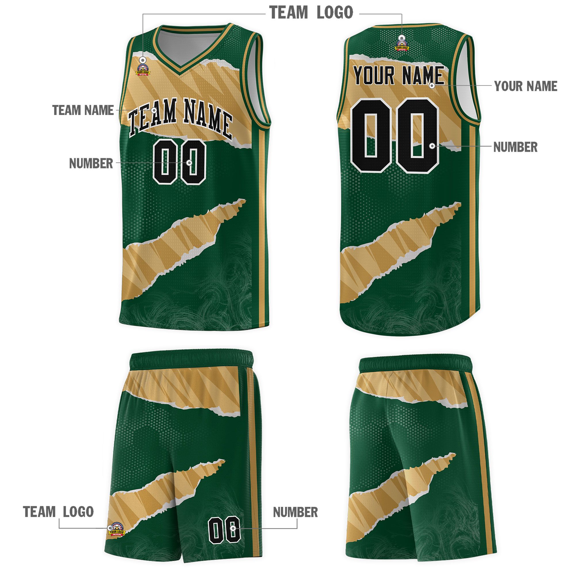 Custom Hunter Green Old Gold-Old Gold Tear Graffiti Pattern Sports Uniform Basketball Jersey