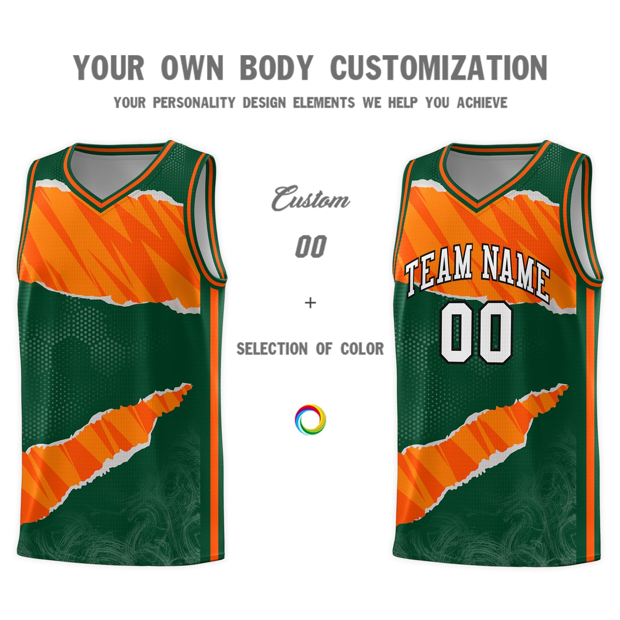 Custom Hunter Green Orange-Gold Tear Graffiti Pattern Sports Uniform Basketball Jersey