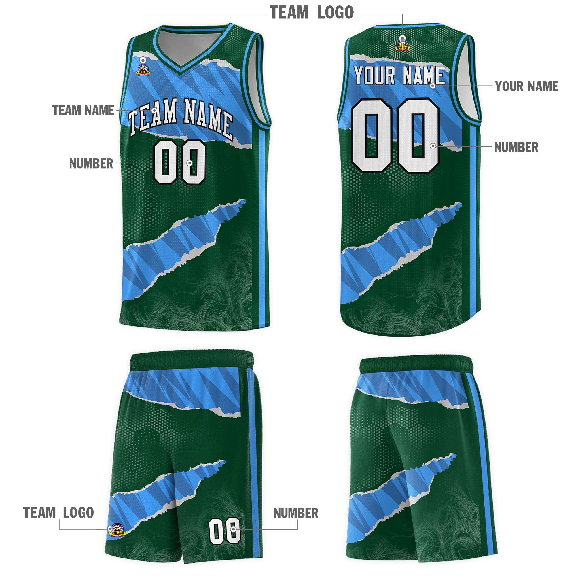 Custom Hunter Green Light Blue-Navy Tear Graffiti Pattern Sports Uniform Basketball Jersey