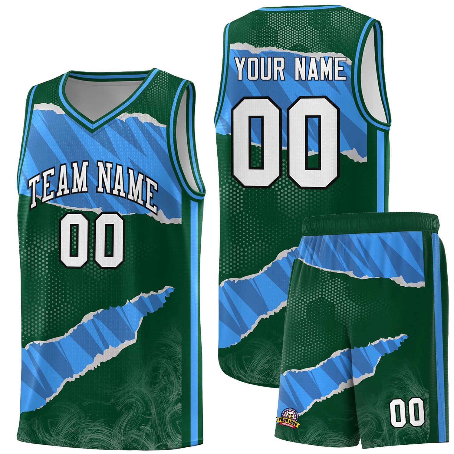 Custom Hunter Green Light Blue-Navy Tear Graffiti Pattern Sports Uniform Basketball Jersey