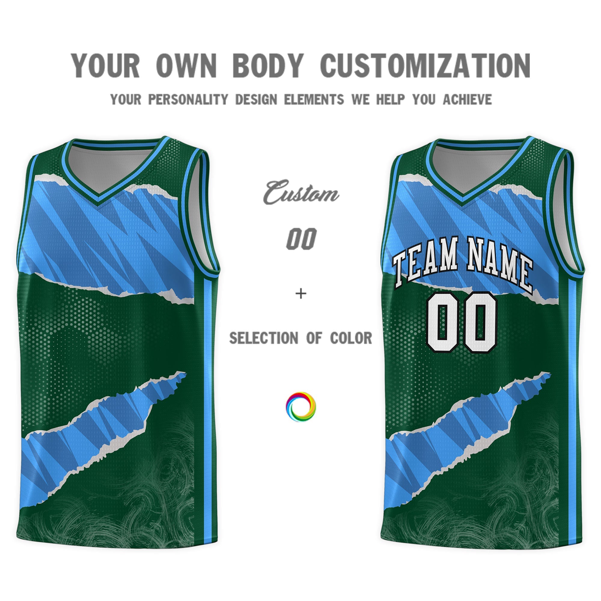 Custom Hunter Green Light Blue-Navy Tear Graffiti Pattern Sports Uniform Basketball Jersey