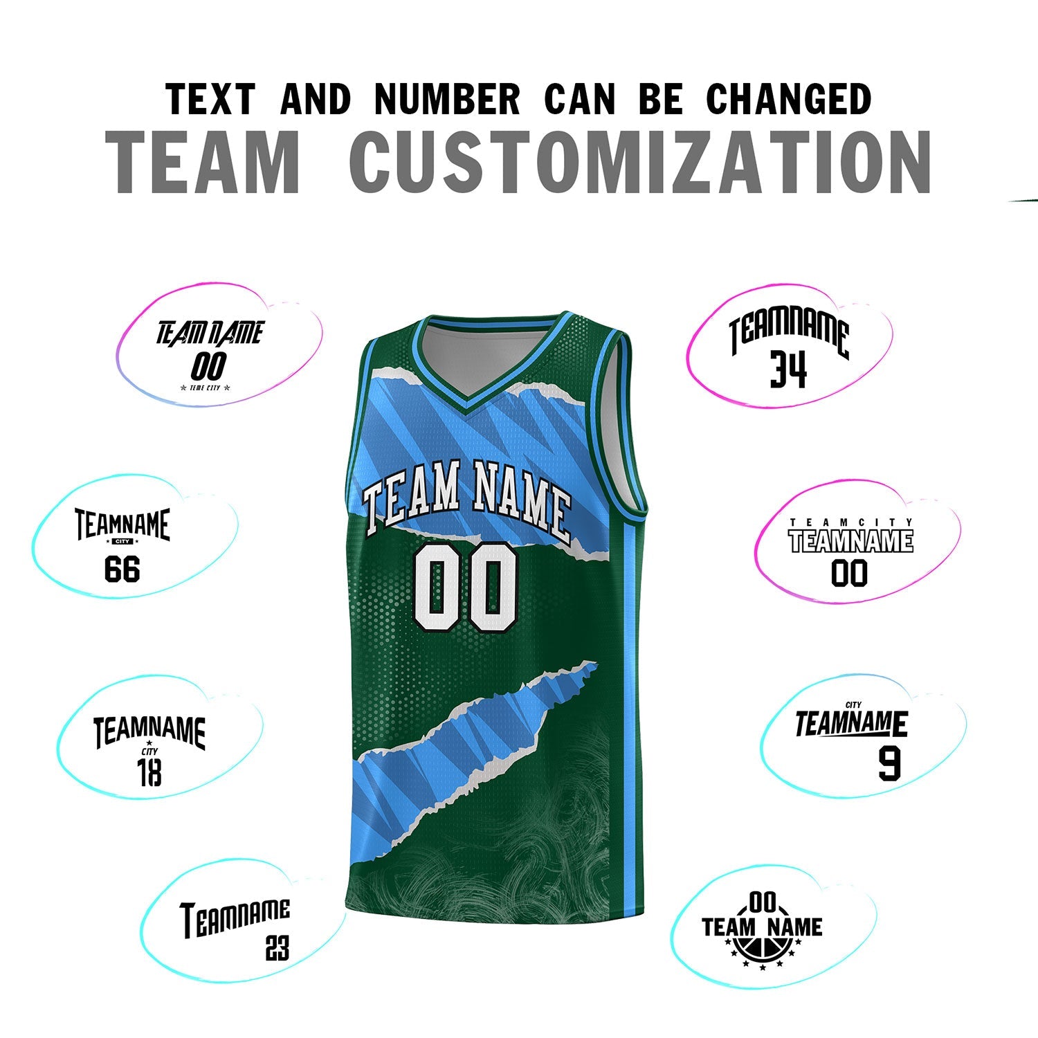 Custom Hunter Green Light Blue-Navy Tear Graffiti Pattern Sports Uniform Basketball Jersey