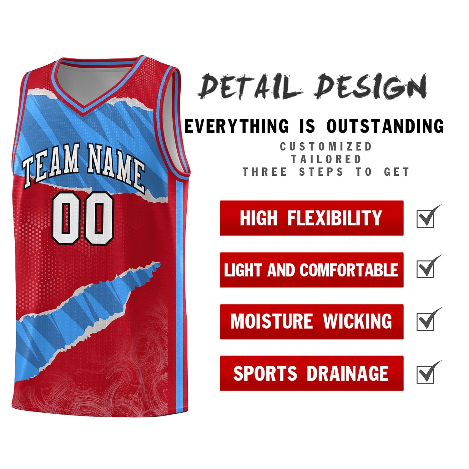 Custom Red Light Blue-Navy Tear Graffiti Pattern Sports Uniform Basketball Jersey