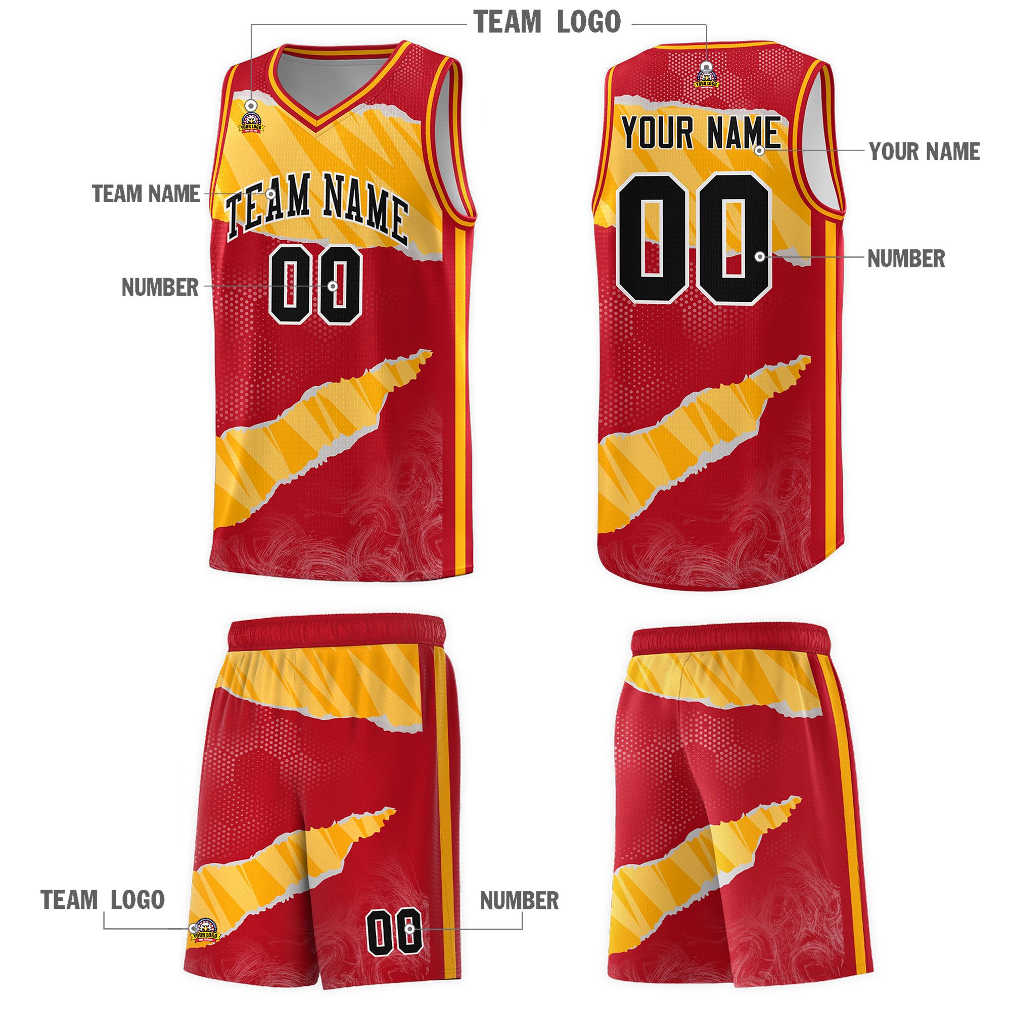 Custom Red Gold-White Tear Graffiti Pattern Sports Uniform Basketball Jersey