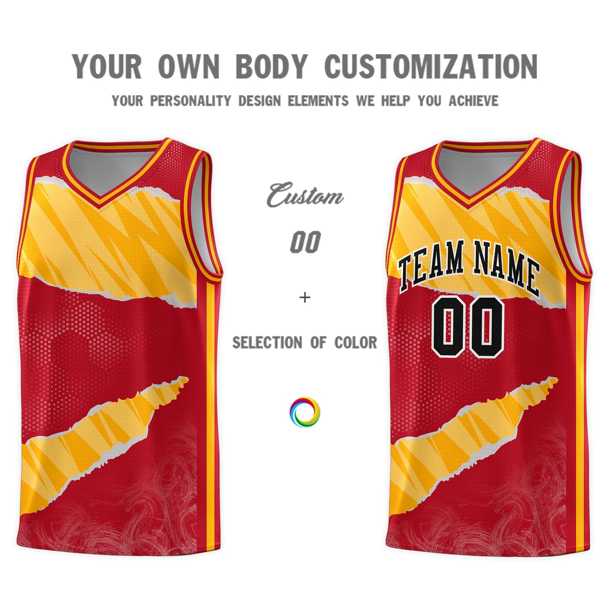 Custom Red Gold-White Tear Graffiti Pattern Sports Uniform Basketball Jersey