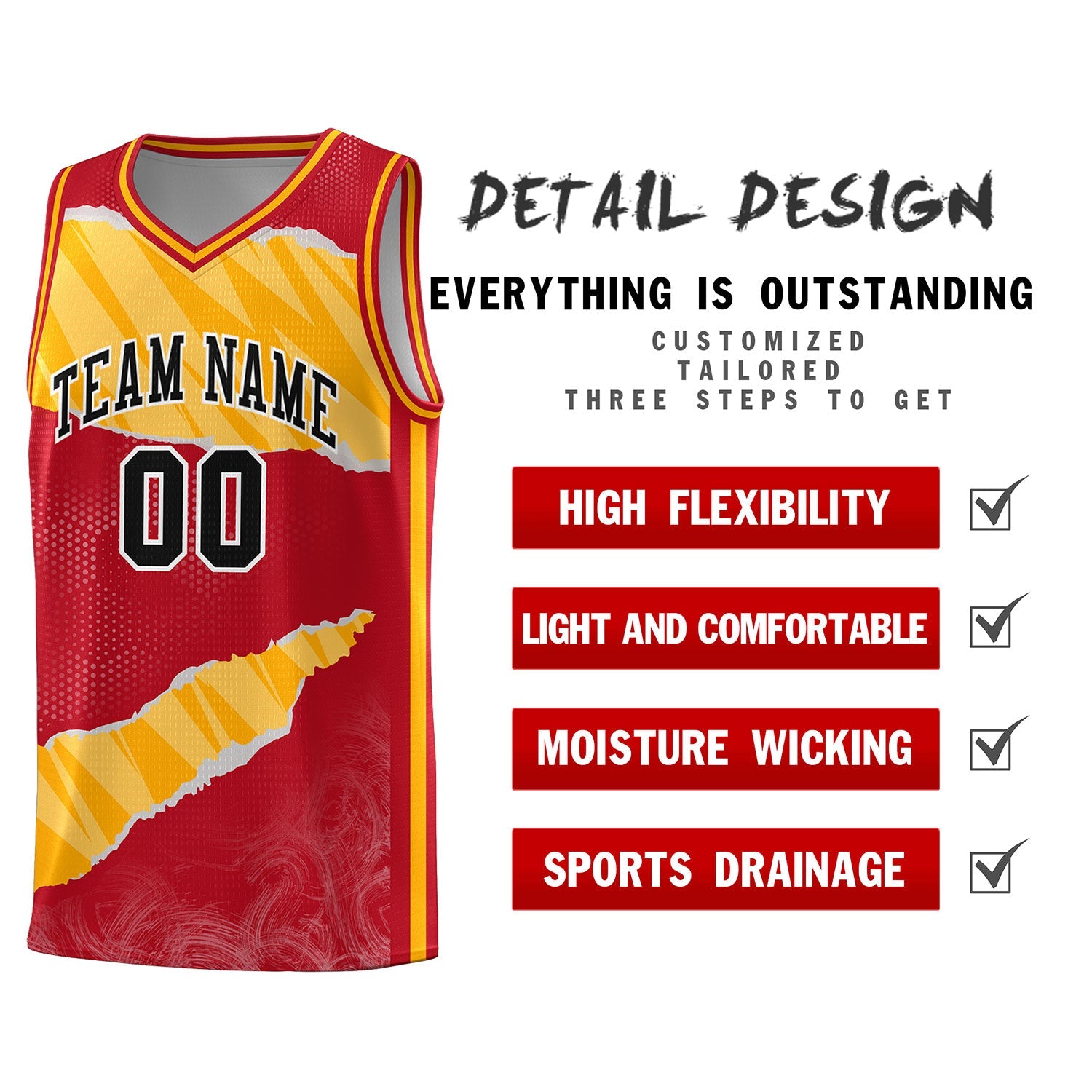 Custom Red Gold-White Tear Graffiti Pattern Sports Uniform Basketball Jersey