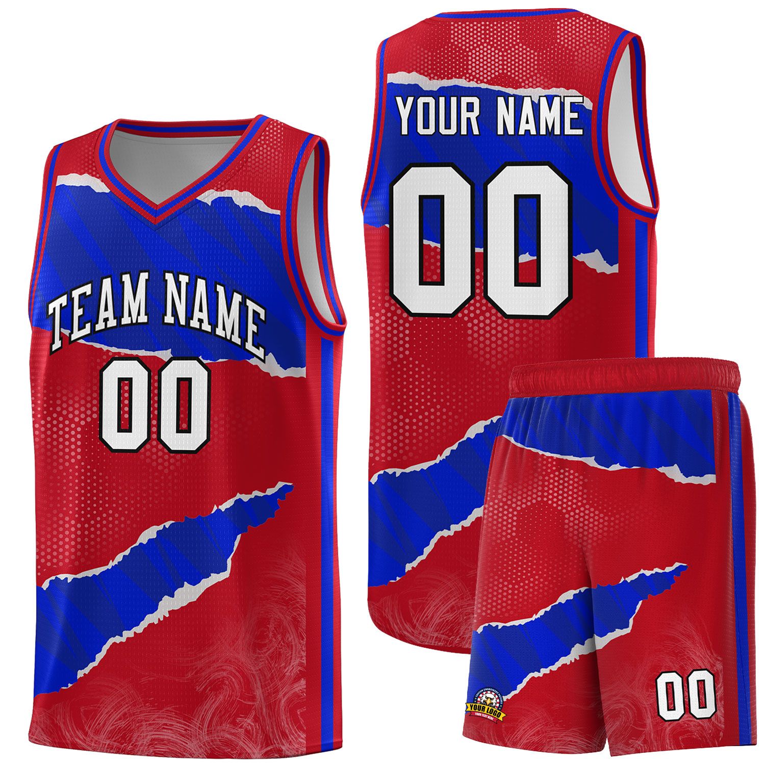 Custom Red Royal-Black Tear Graffiti Pattern Sports Uniform Basketball Jersey