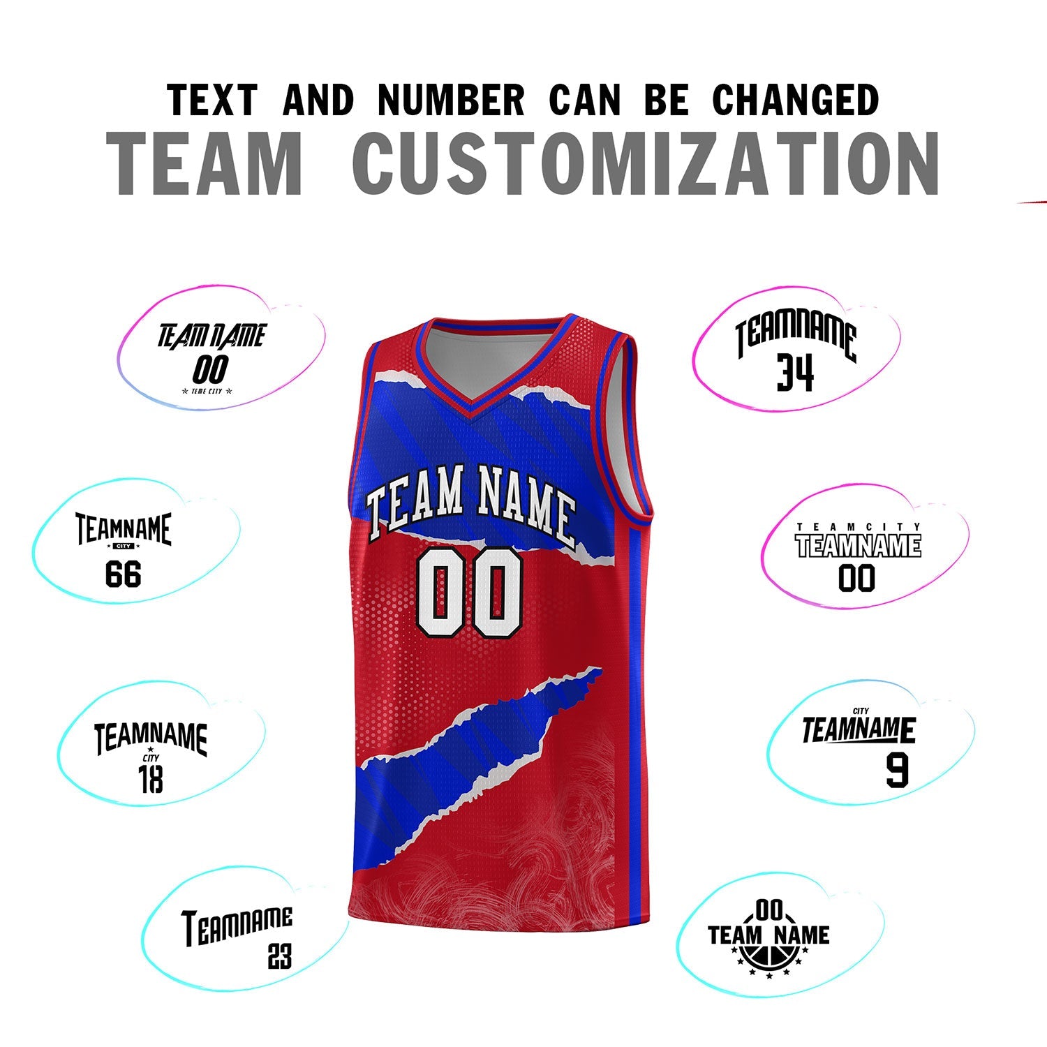 Custom Red Royal-Black Tear Graffiti Pattern Sports Uniform Basketball Jersey