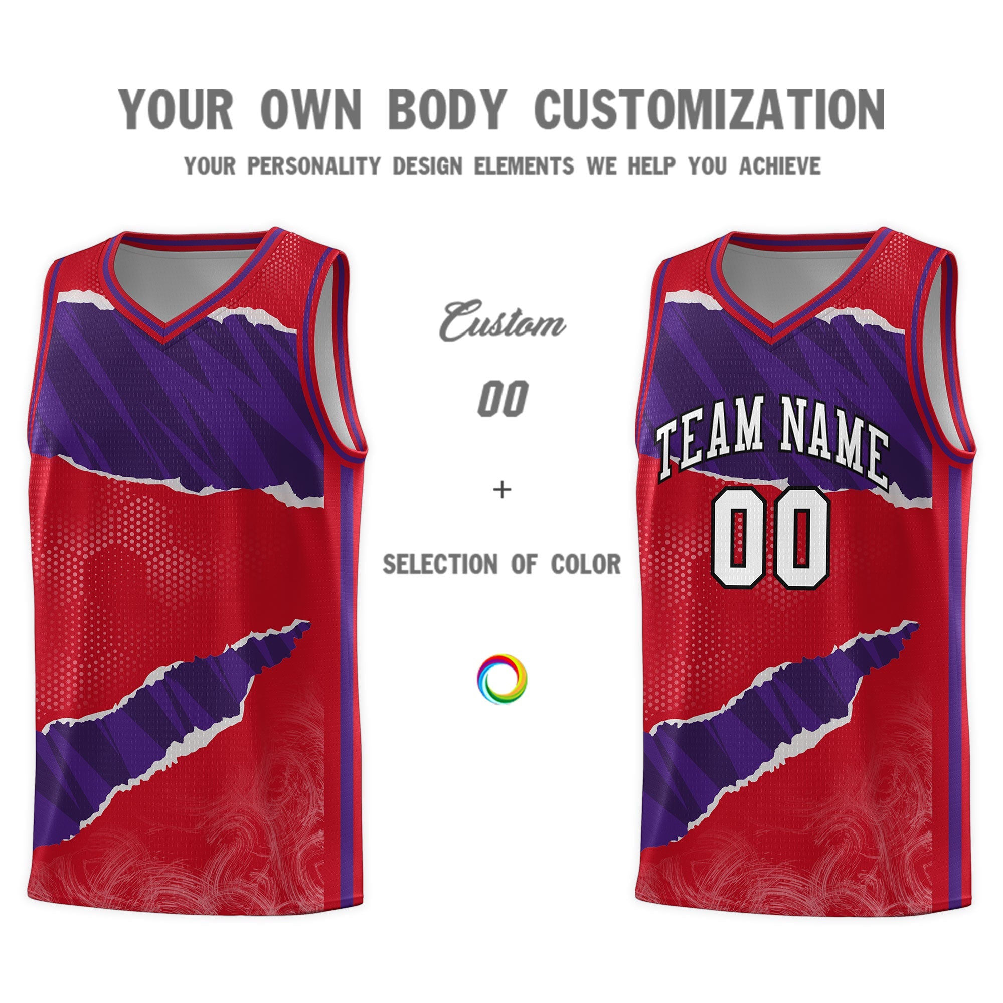 Custom Red Purple-Black Tear Graffiti Pattern Sports Uniform Basketball Jersey