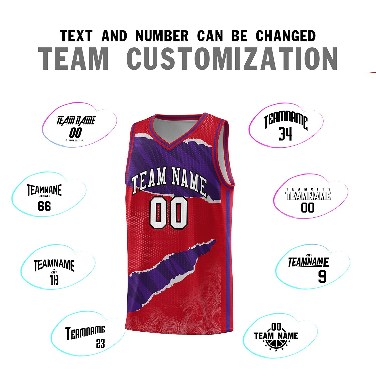 Custom Red Purple-Black Tear Graffiti Pattern Sports Uniform Basketball Jersey