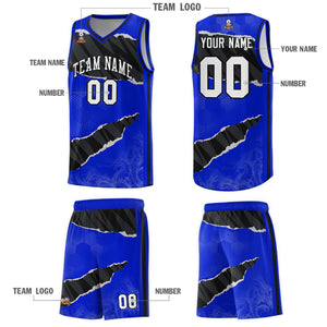 Custom Royal Black-White Tear Graffiti Pattern Sports Uniform Basketball Jersey