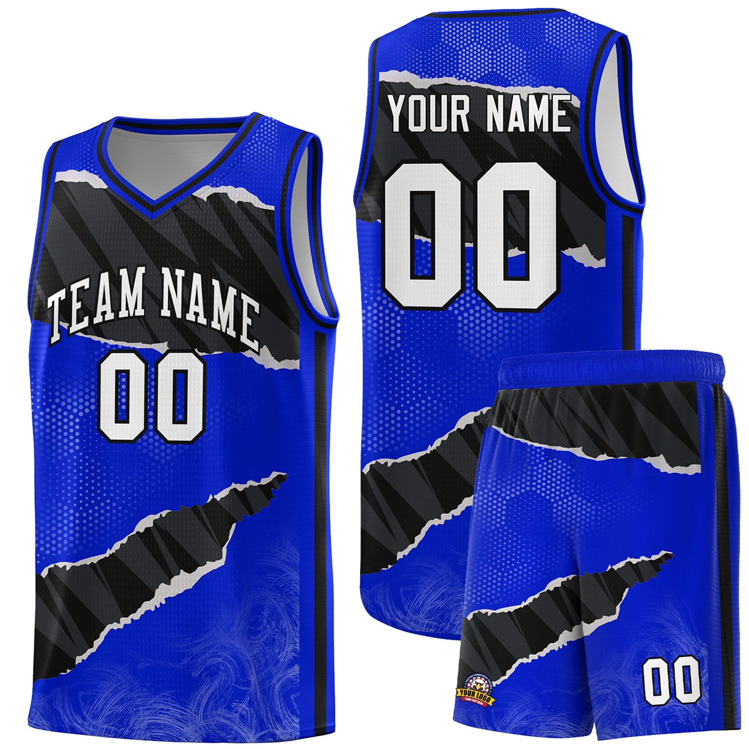 Custom Royal Black-White Tear Graffiti Pattern Sports Uniform Basketball Jersey