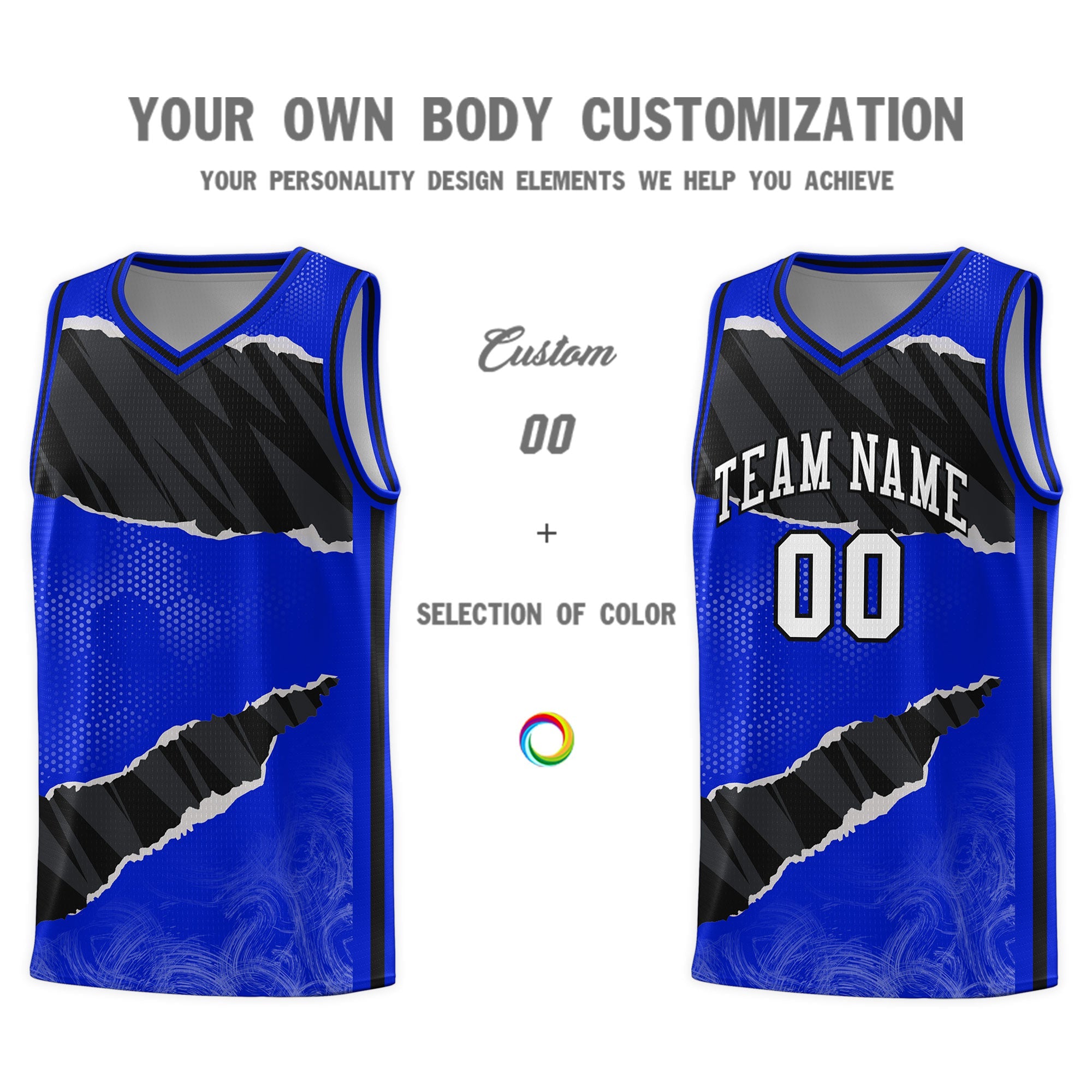 Custom Royal Black-White Tear Graffiti Pattern Sports Uniform Basketball Jersey