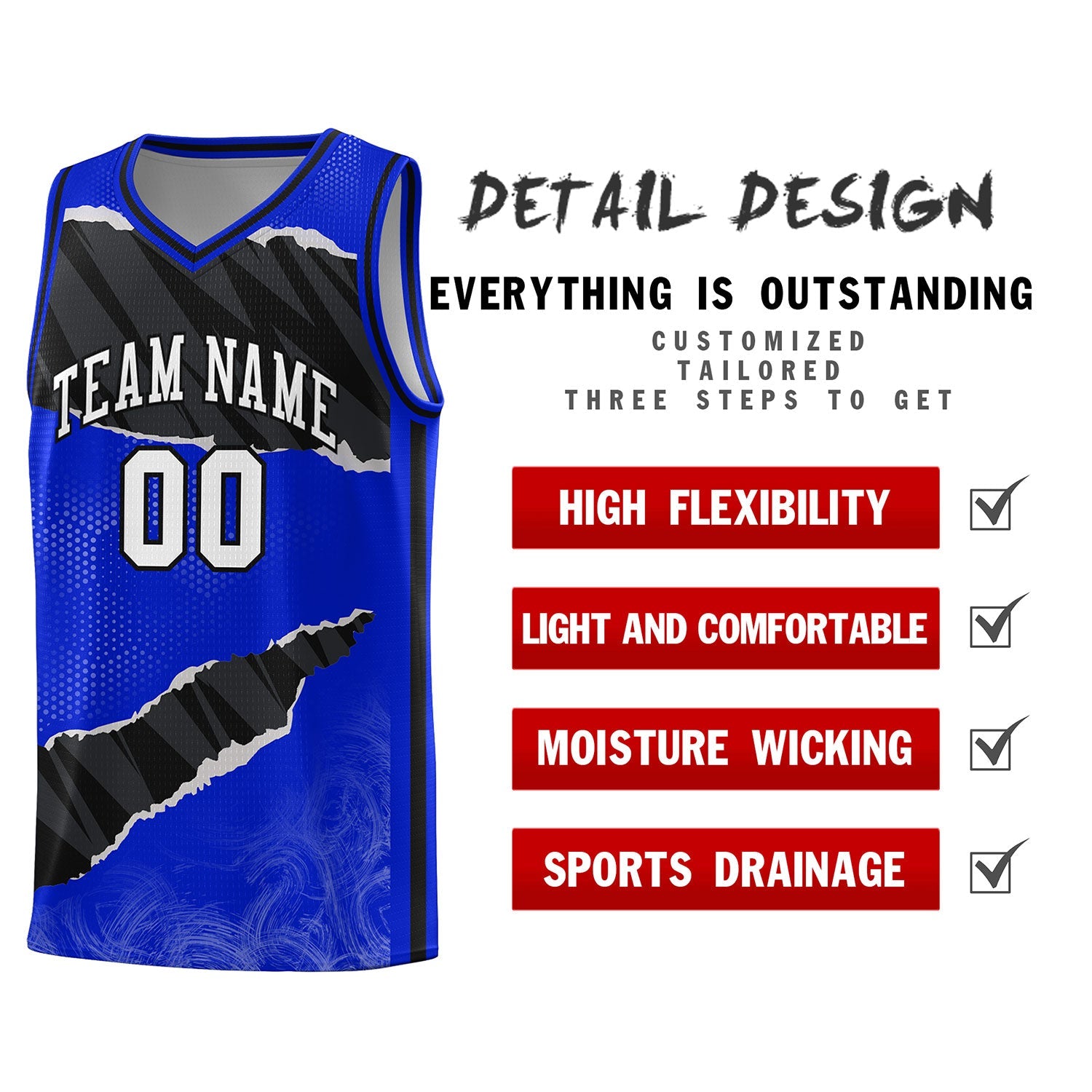 Custom Royal Black-White Tear Graffiti Pattern Sports Uniform Basketball Jersey