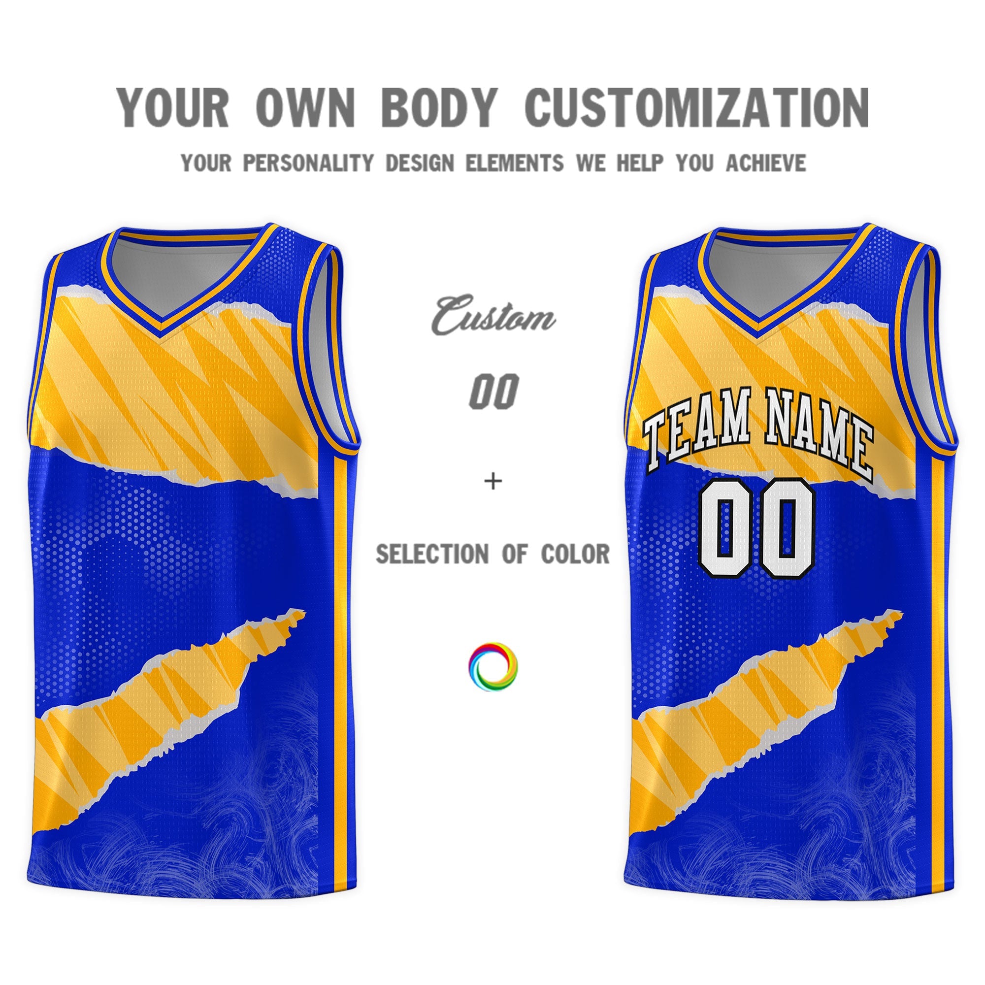 Custom Royal Gold-White Tear Graffiti Pattern Sports Uniform Basketball Jersey