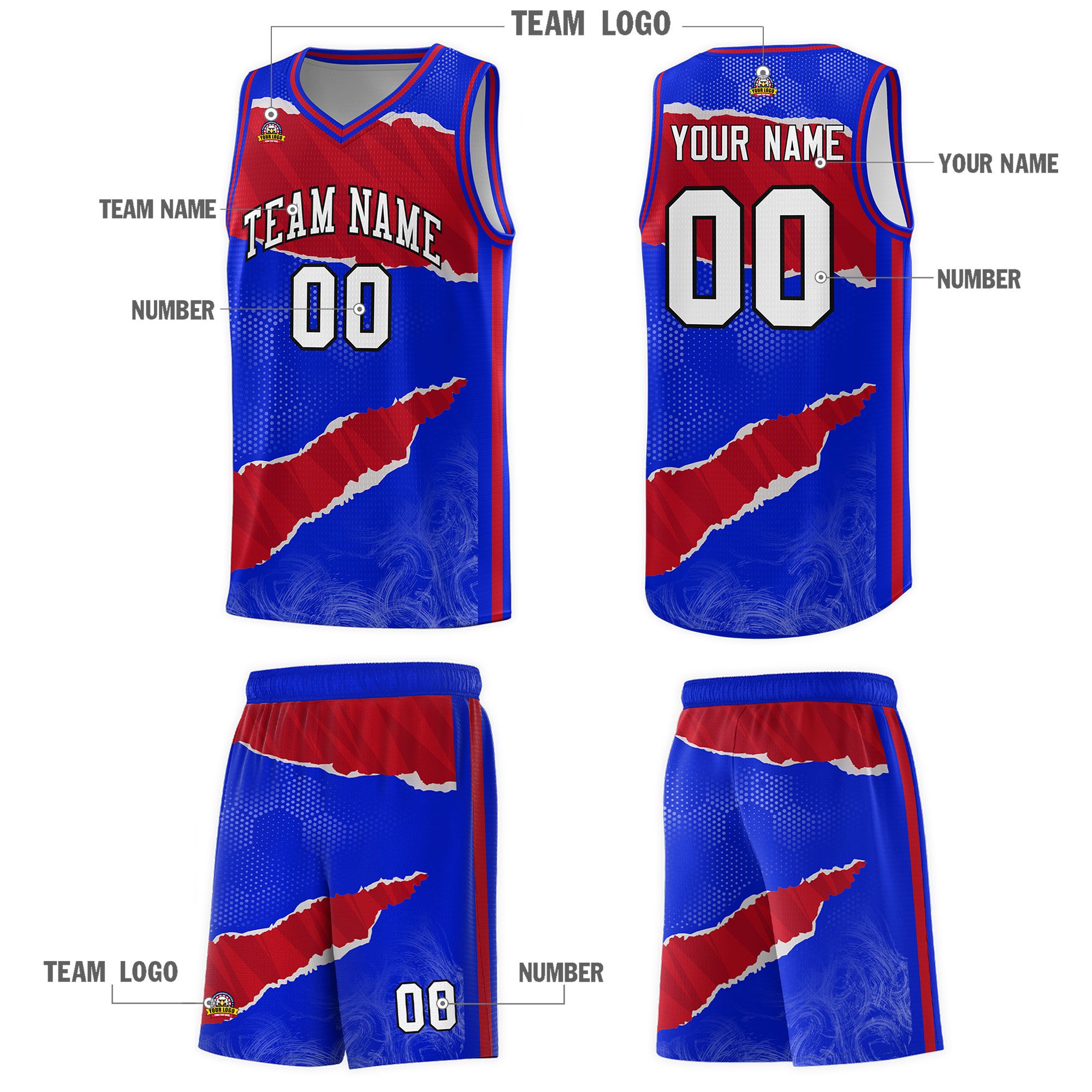 Custom Royal Red-Crimson Tear Graffiti Pattern Sports Uniform Basketball Jersey