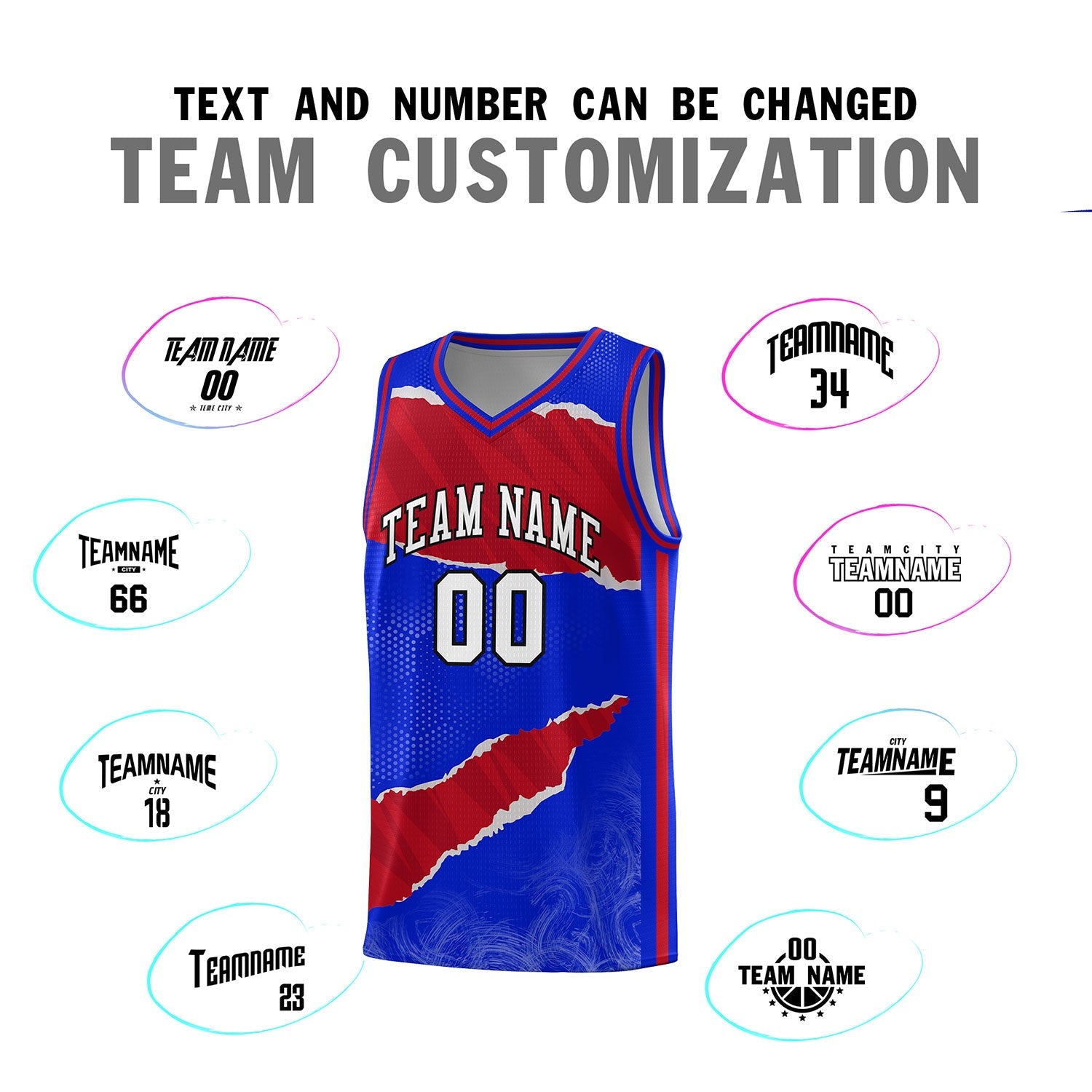 Custom Royal Red-Crimson Tear Graffiti Pattern Sports Uniform Basketball Jersey