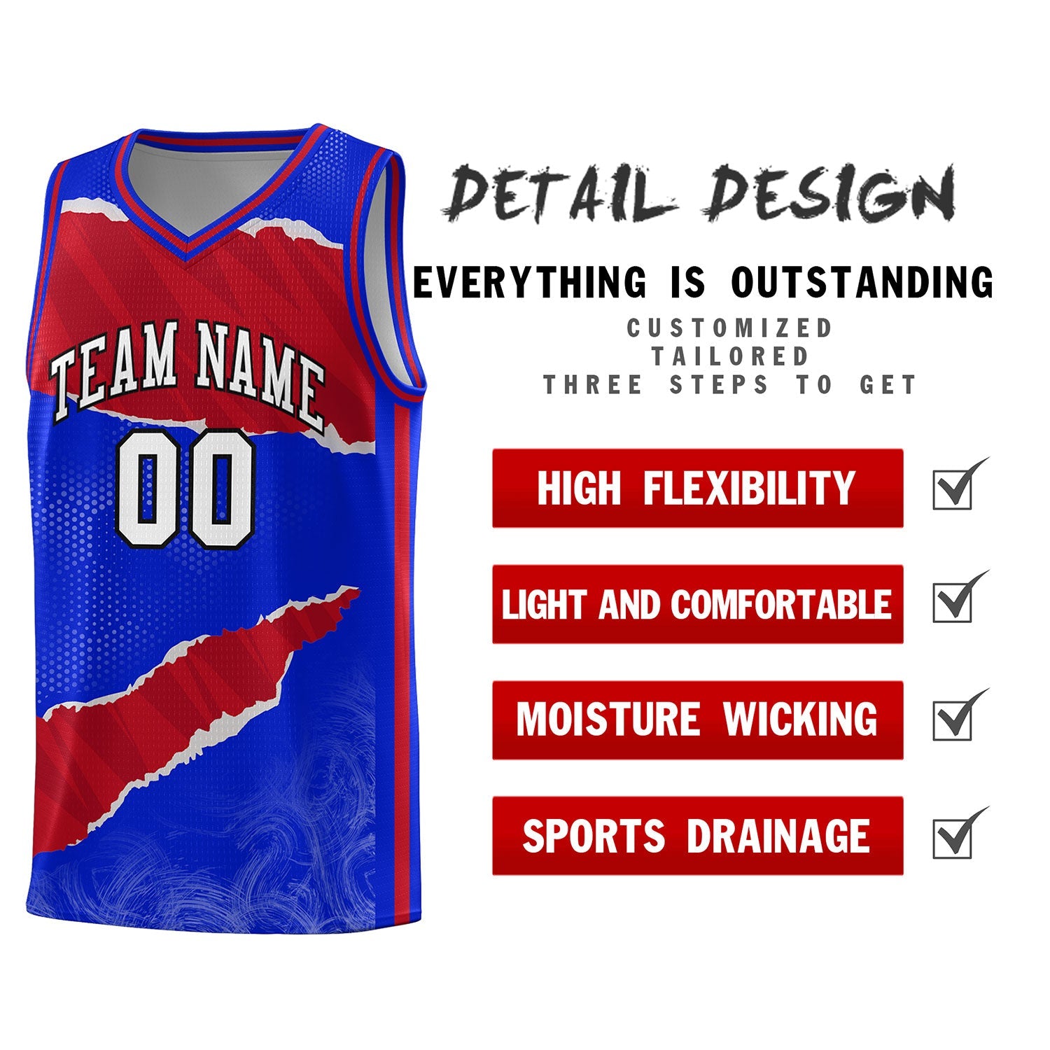 Custom Royal Red-Crimson Tear Graffiti Pattern Sports Uniform Basketball Jersey