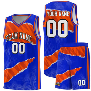 Custom Royal Orange-Black Tear Graffiti Pattern Sports Uniform Basketball Jersey