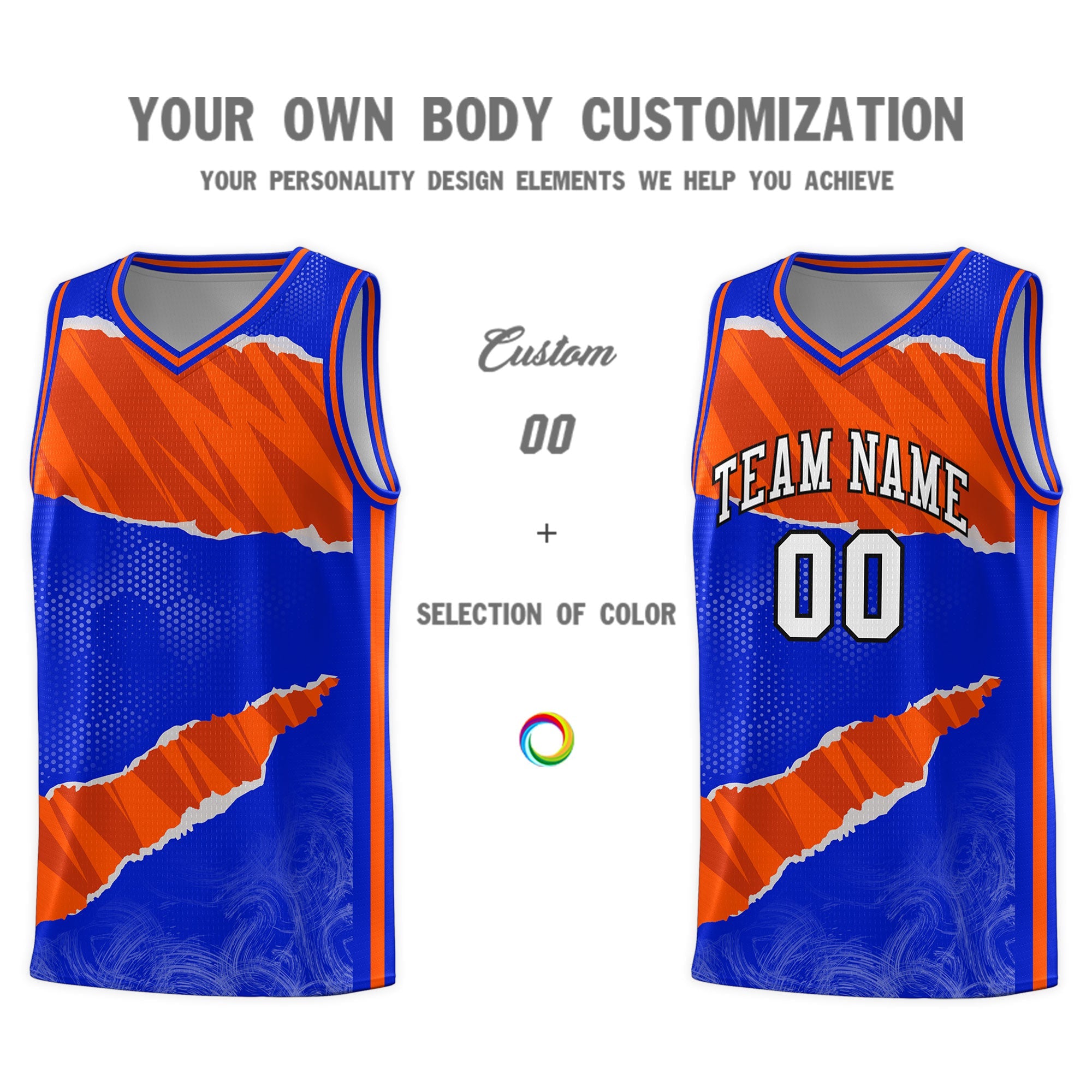 Custom Royal Orange-Black Tear Graffiti Pattern Sports Uniform Basketball Jersey