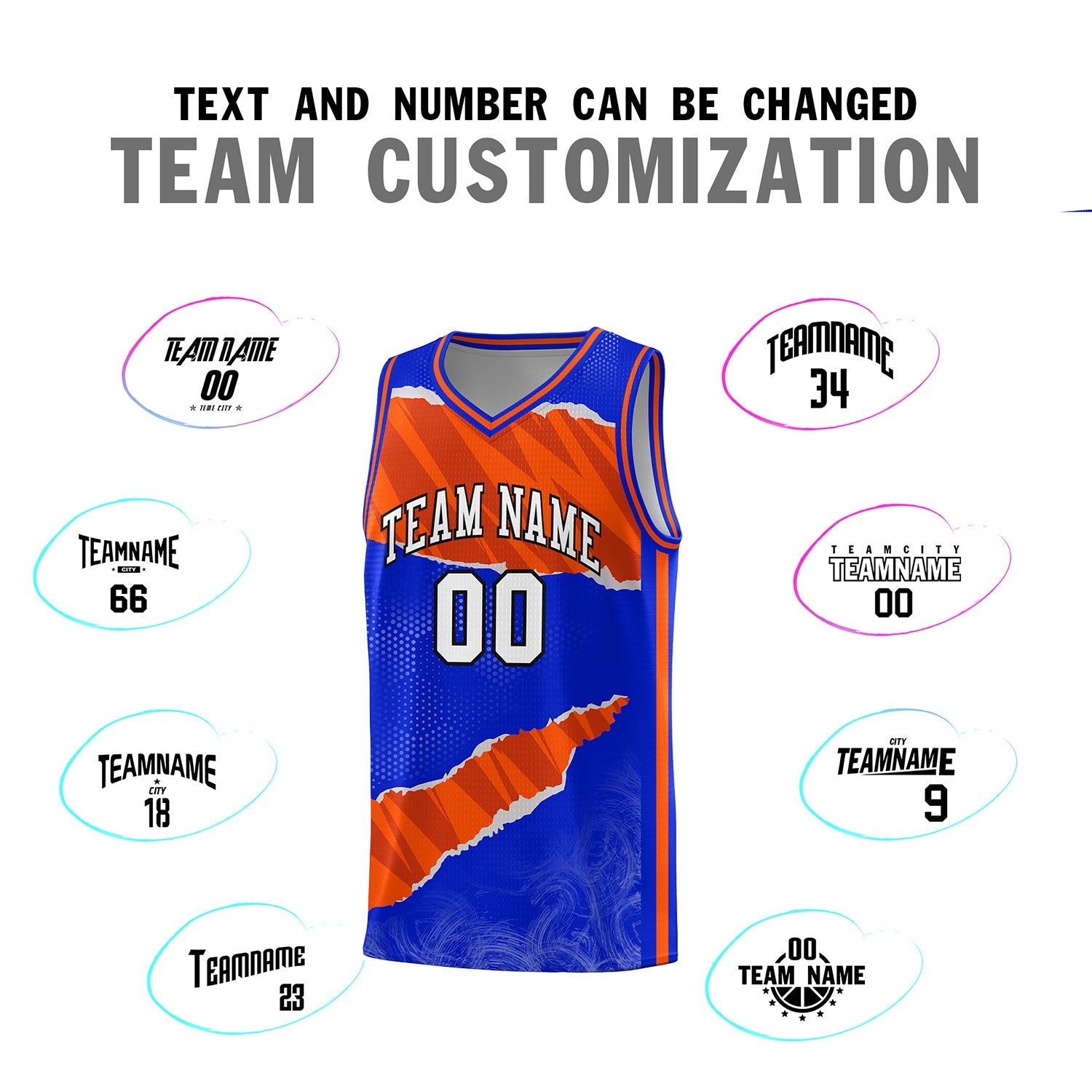 Custom Royal Orange-Black Tear Graffiti Pattern Sports Uniform Basketball Jersey