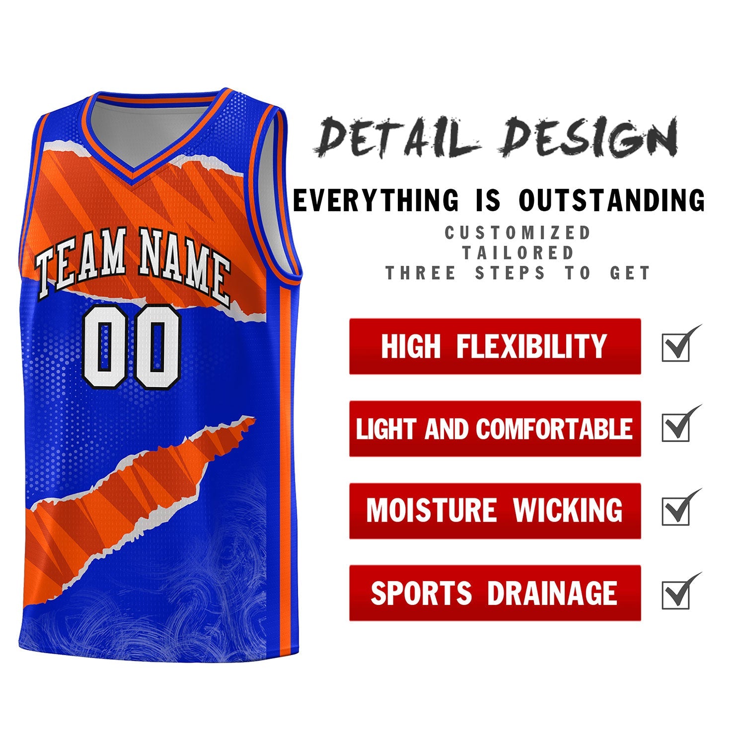 Custom Royal Orange-Black Tear Graffiti Pattern Sports Uniform Basketball Jersey