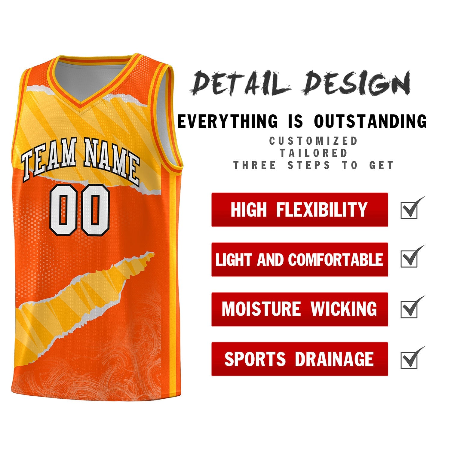 Custom Orange Yellow-White Tear Graffiti Pattern Sports Uniform Basketball Jersey