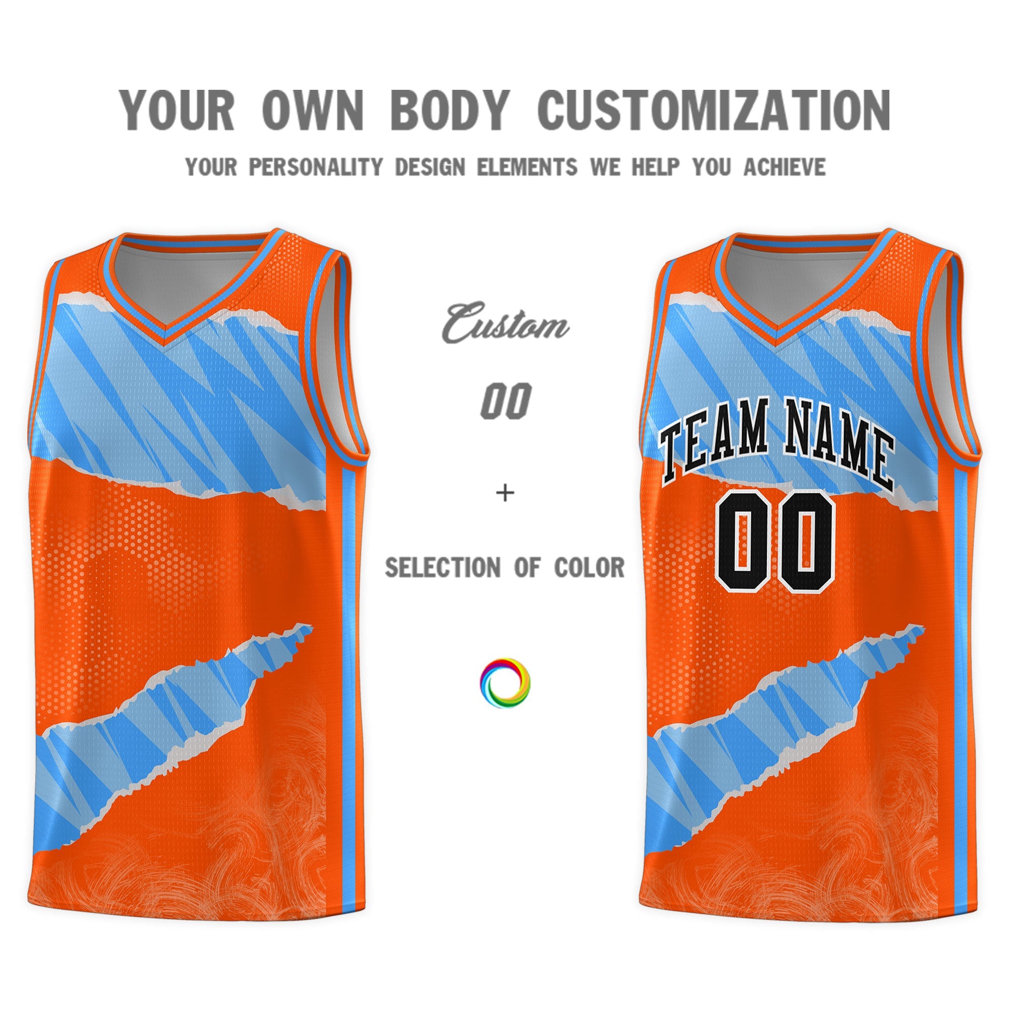 Custom Orange Light Blue-White Tear Graffiti Pattern Sports Uniform Basketball Jersey