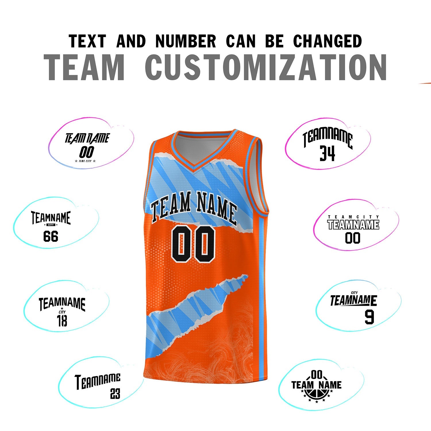 Custom Orange Light Blue-White Tear Graffiti Pattern Sports Uniform Basketball Jersey