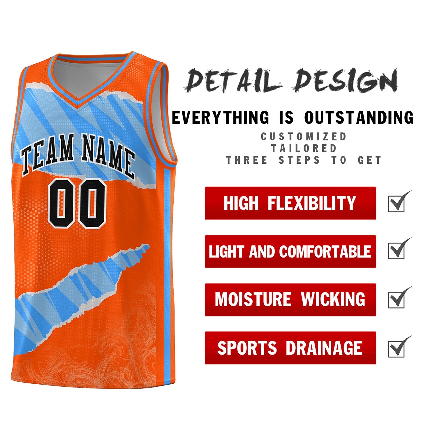 Custom Orange Light Blue-White Tear Graffiti Pattern Sports Uniform Basketball Jersey