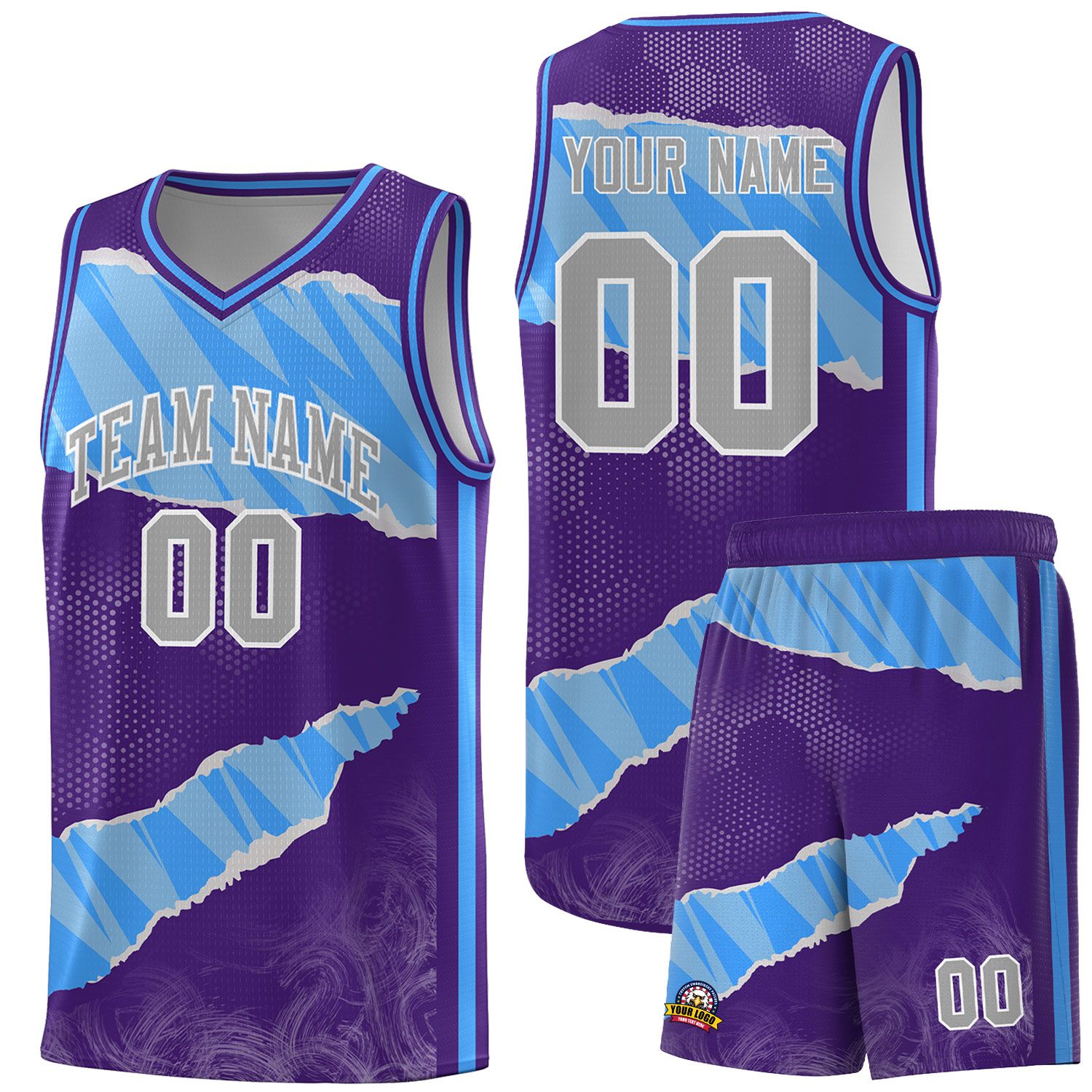 Custom Purple Light Blue-White Tear Graffiti Pattern Sports Uniform Basketball Jersey