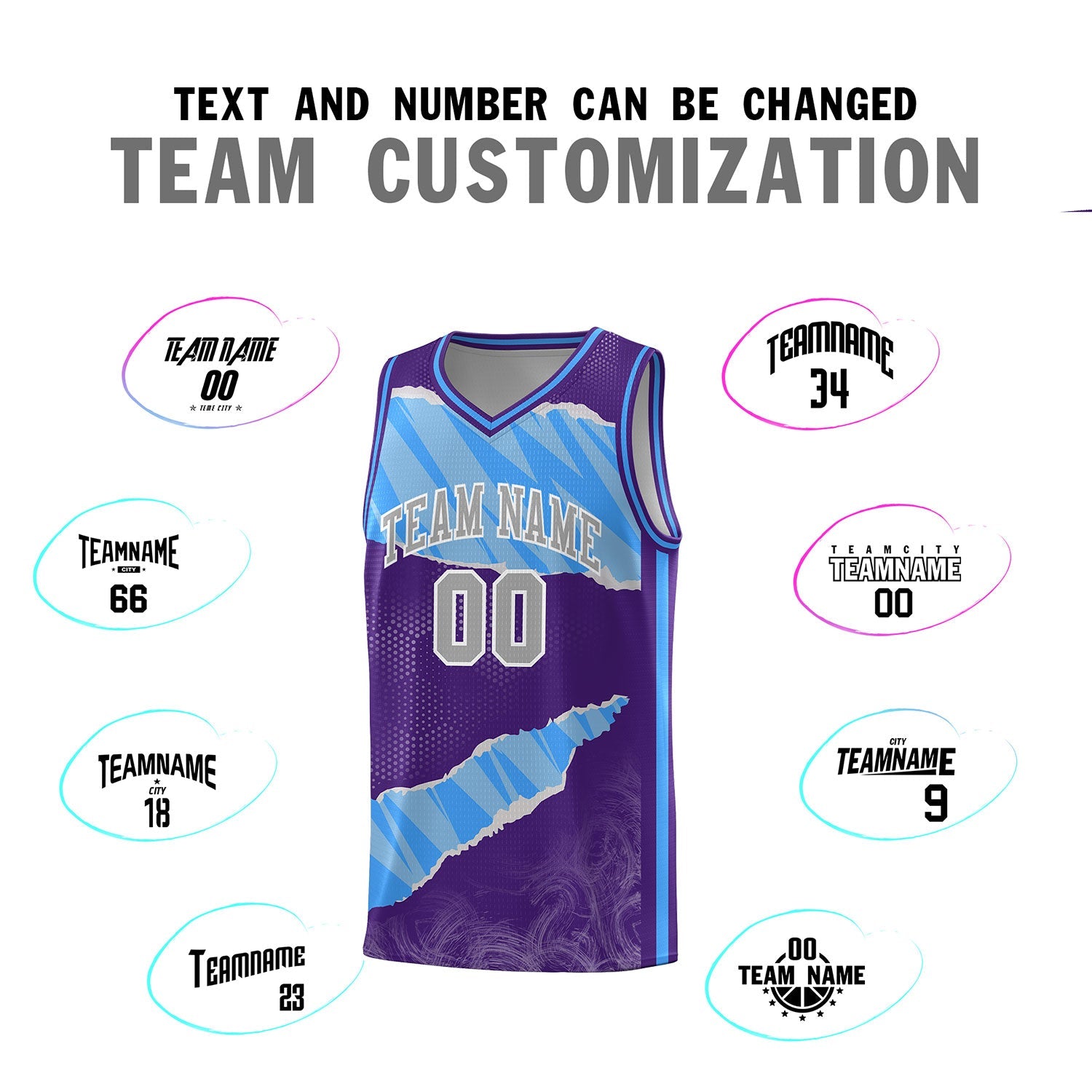 Custom Purple Light Blue-White Tear Graffiti Pattern Sports Uniform Basketball Jersey