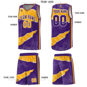 Custom Purple Yellow-White Tear Graffiti Pattern Sports Uniform Basketball Jersey