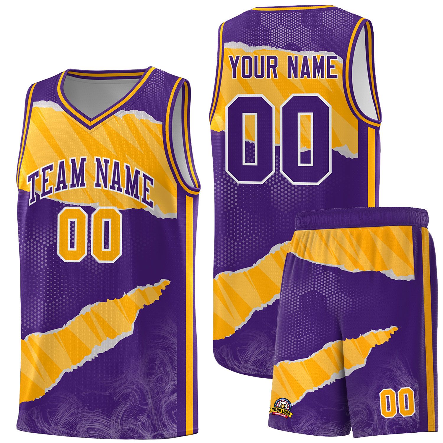 Custom Purple Yellow-White Tear Graffiti Pattern Sports Uniform Basketball Jersey