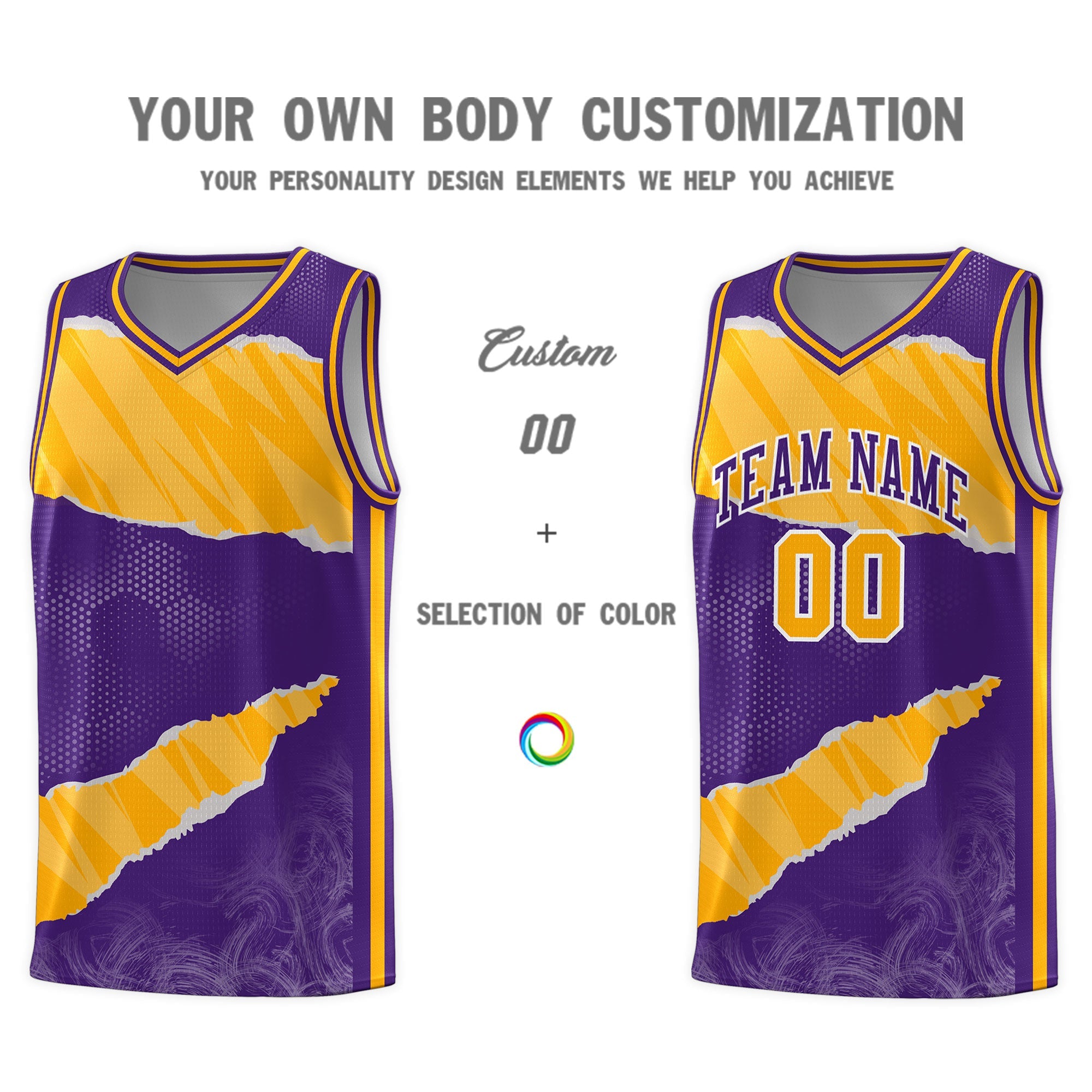 Custom Purple Yellow-White Tear Graffiti Pattern Sports Uniform Basketball Jersey