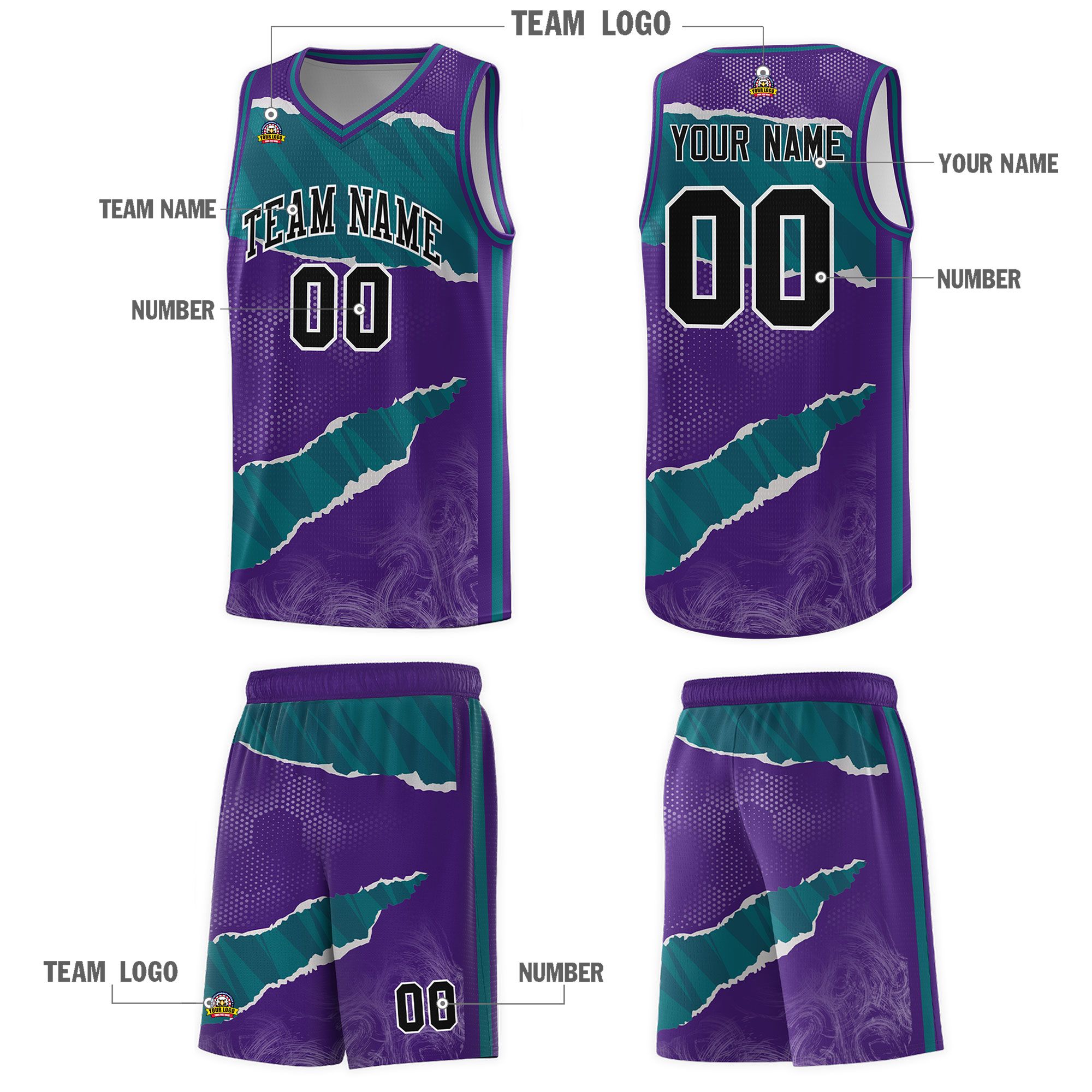 Custom Purple Aqua-Black Tear Graffiti Pattern Sports Uniform Basketball Jersey