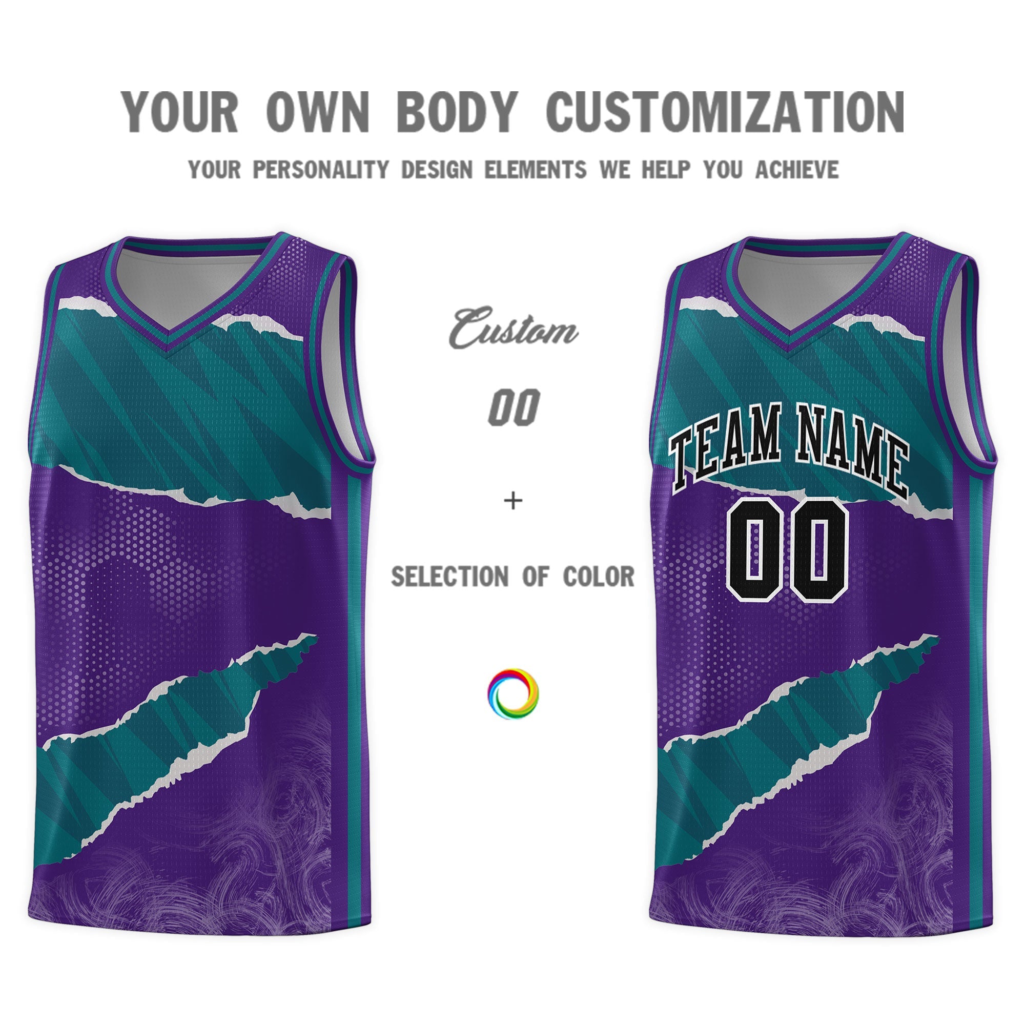 Custom Purple Aqua-Black Tear Graffiti Pattern Sports Uniform Basketball Jersey