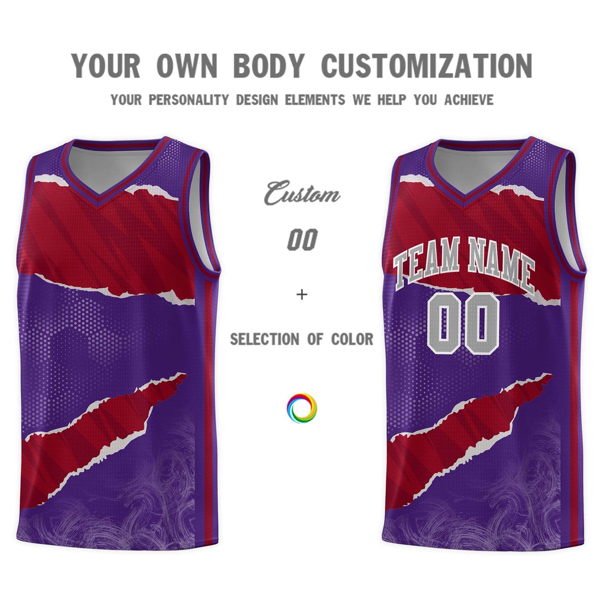 Custom Purple Crimson-Black Tear Graffiti Pattern Sports Uniform Basketball Jersey