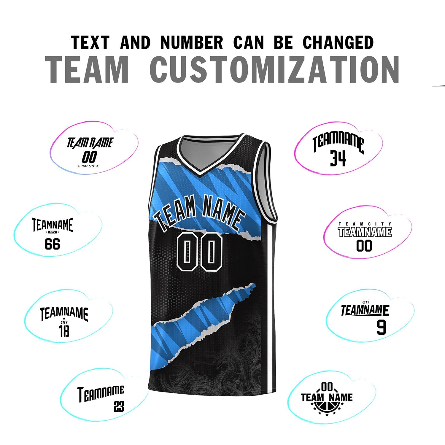 Custom Black Light Blue-Navy Tear Graffiti Pattern Sports Uniform Basketball Jersey