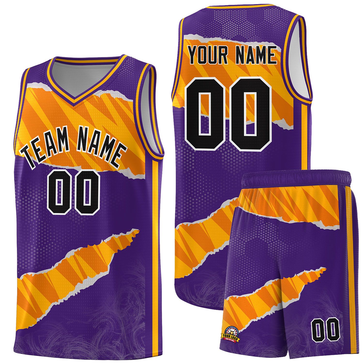 Custom Purple Yellow-Orange Tear Graffiti Pattern Sports Uniform Basketball Jersey