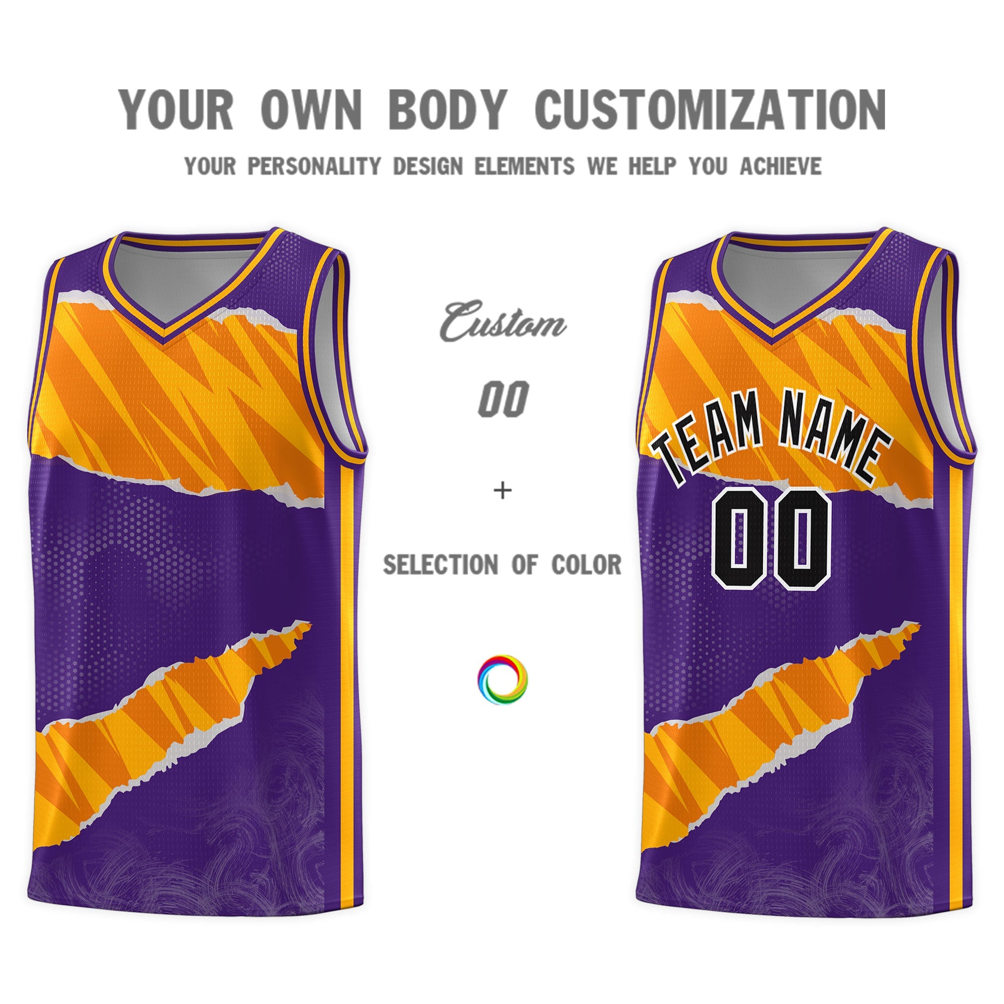 Custom Purple Yellow-Orange Tear Graffiti Pattern Sports Uniform Basketball Jersey