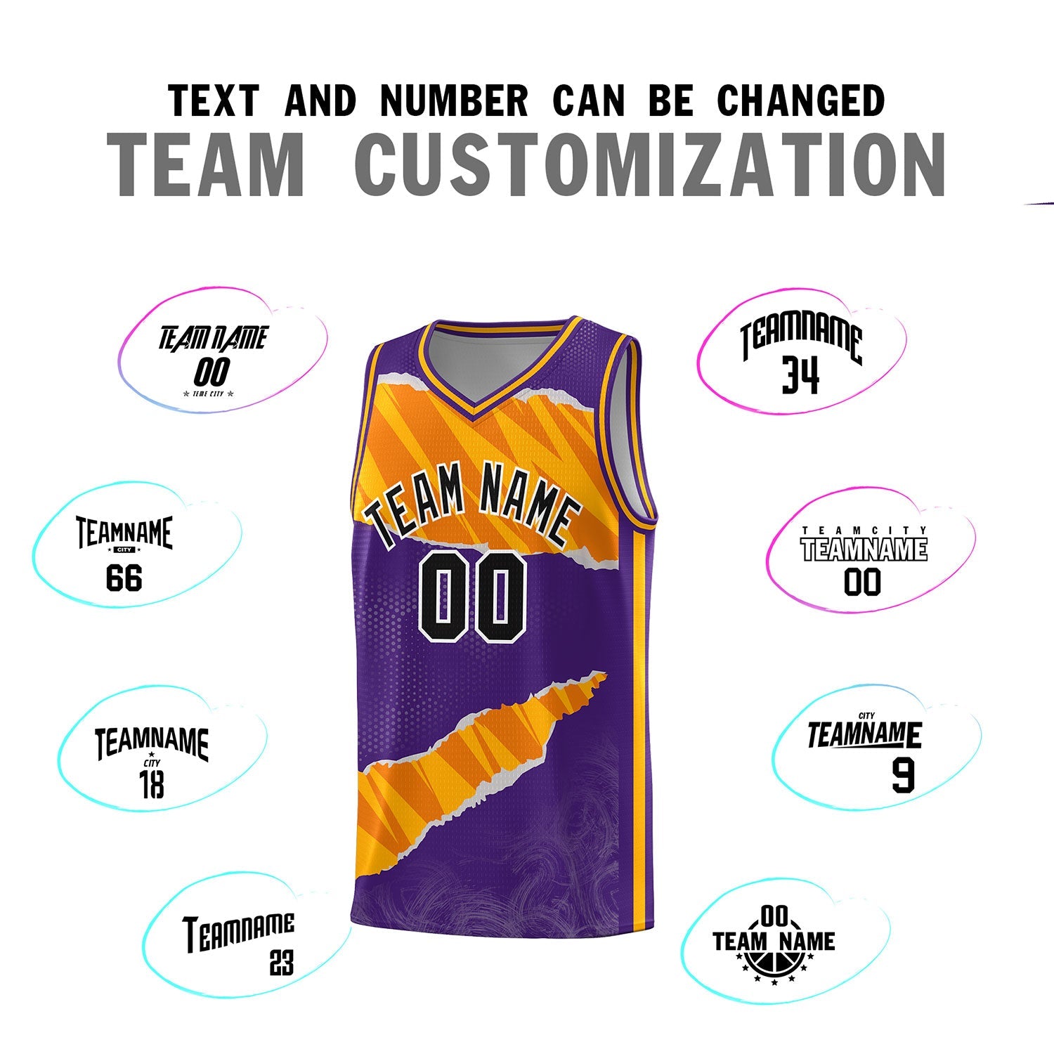 Custom Purple Yellow-Orange Tear Graffiti Pattern Sports Uniform Basketball Jersey