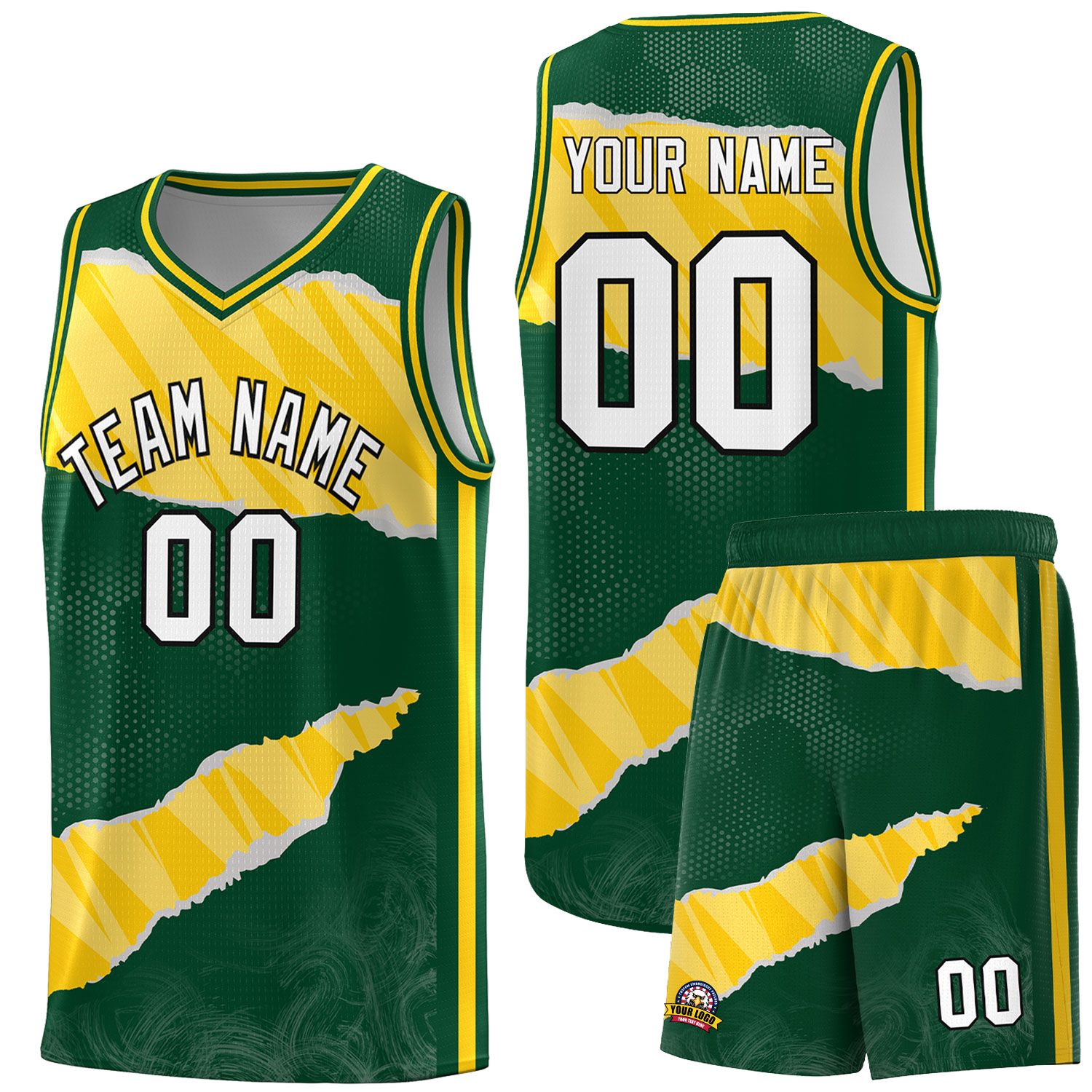 Custom Hunter Green Gold-White Tear Graffiti Pattern Sports Uniform Basketball Jersey