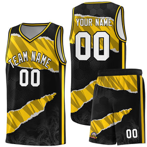 Custom Black Gold-Black Tear Graffiti Pattern Sports Uniform Basketball Jersey