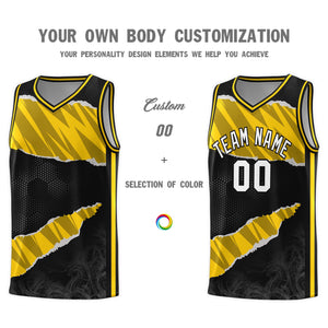 Custom Black Gold-Black Tear Graffiti Pattern Sports Uniform Basketball Jersey